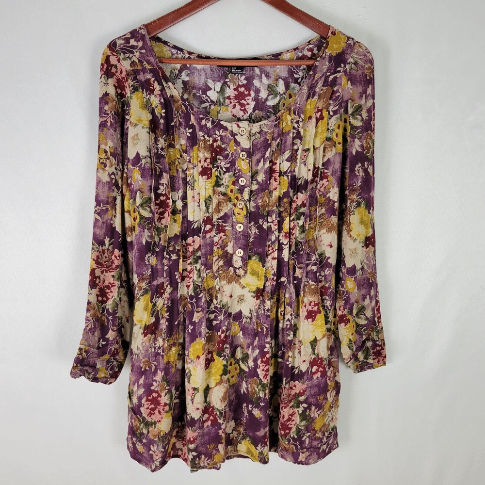 XXI Women Small Popover Tunic Top Floral Long Roll Tab Sleeve Pleated Scoop Neck